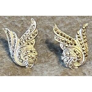 Vintage Sterling Silver Earrings Marcasite Wing Screw Back Art Deco Swirl 1"